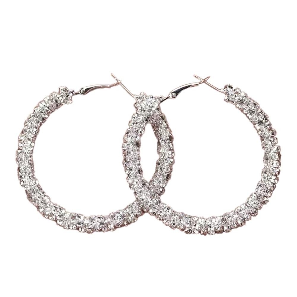 Silver Plated Full Rhinestone Large Hoop Earrings